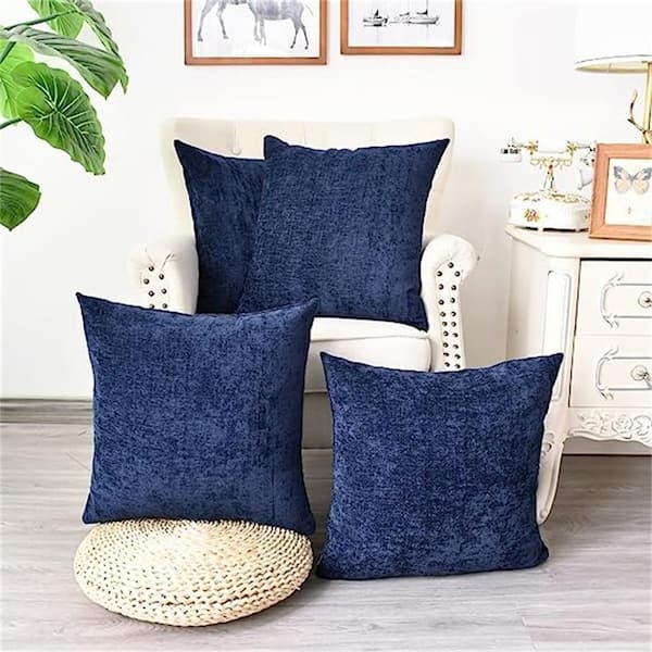 Throw Pillow Set of 4: Navy Blue Textured Chenille Square