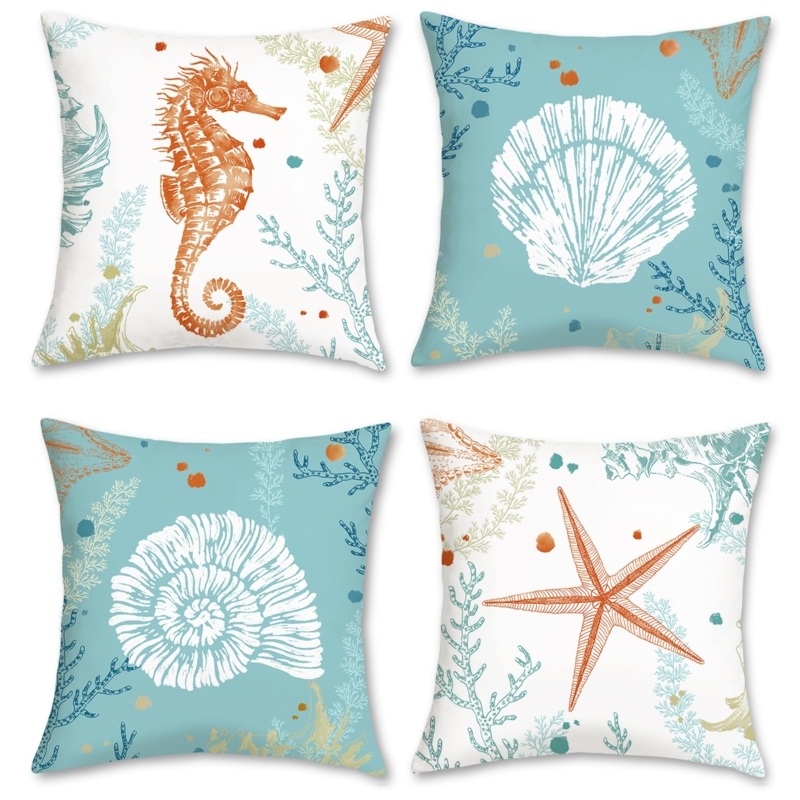 Throw Pillow Set of 4 Ocean Blue Velvet Coastal Beach Motifs