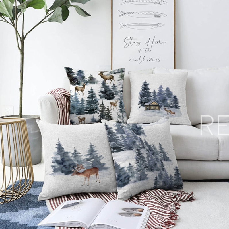 Throw Pillow Set of 4 Rustic Holiday Illustrations
