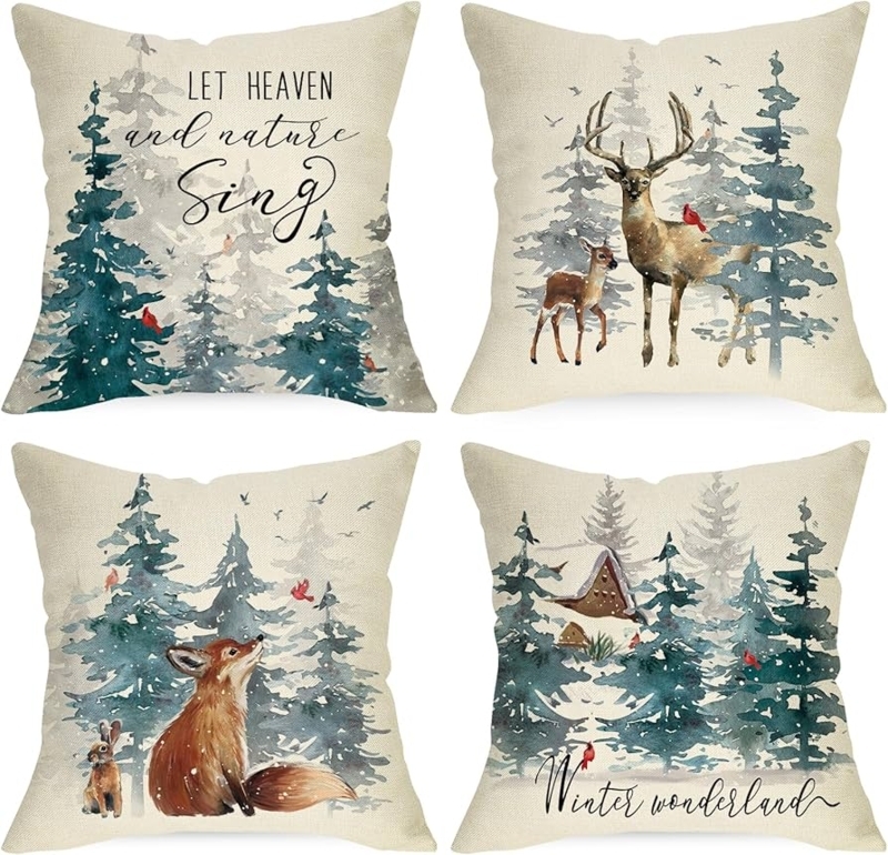 Throw Pillow Set of 4: Woodland Animal Motifs, Rustic Farmhouse Decor.