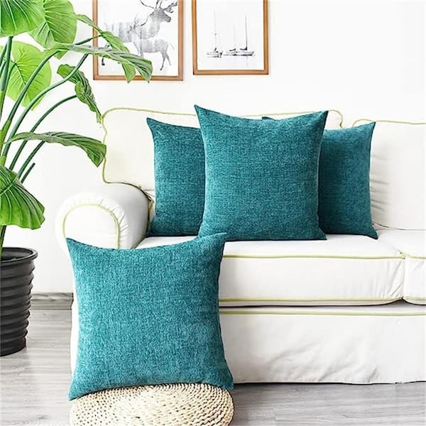 Throw Pillow Set of Four Teal Chenille Ribbed Solid Accent Pillow Pack