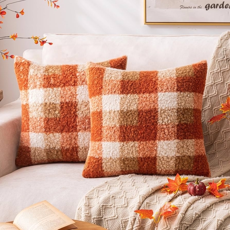 Throw Pillow Set Orange Plaid Boucle Texture Modern Farmhouse Decor