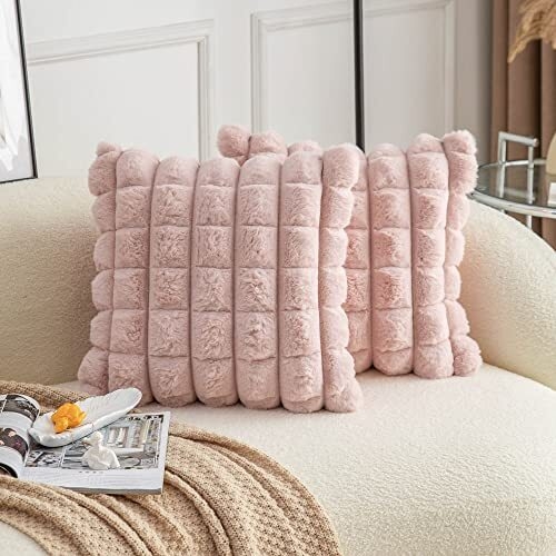Throw Pillow Set, Plaid Faux Fur and White Shaggy Texture, Mixed Textures