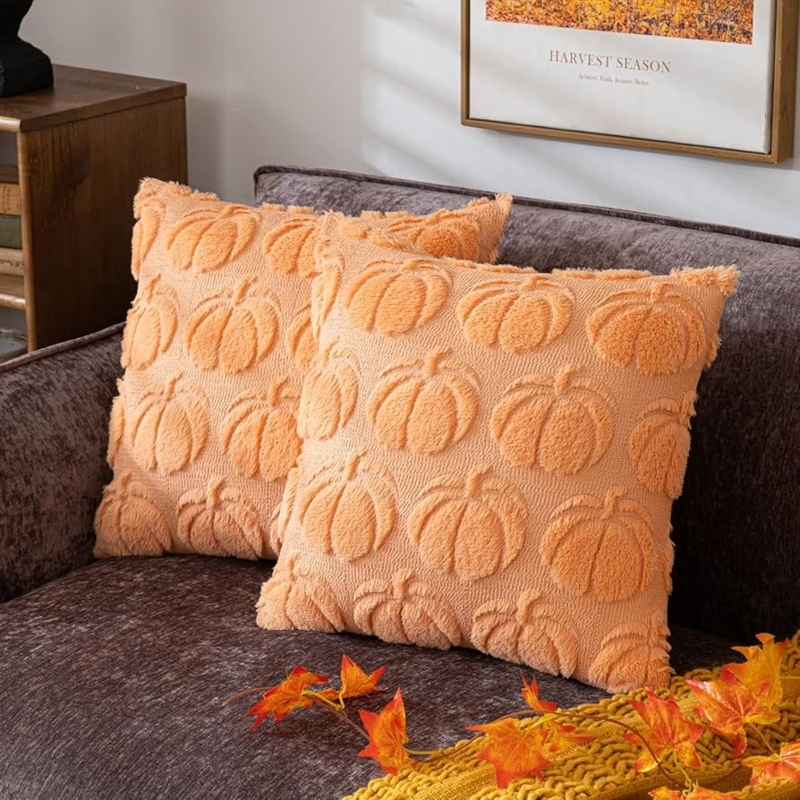 Throw Pillow Set Pumpkin Shape Faux Fur Light Gold Ribbed Texture Cozy