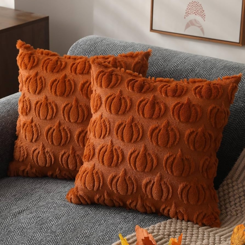 Throw Pillow Set Rust and Cream Wool-Like Texture Plush Fall Styling