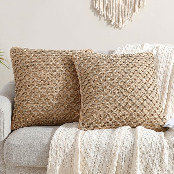 Throw Pillow Set: Sage Green with Braided Jute Bands, Boho Accents