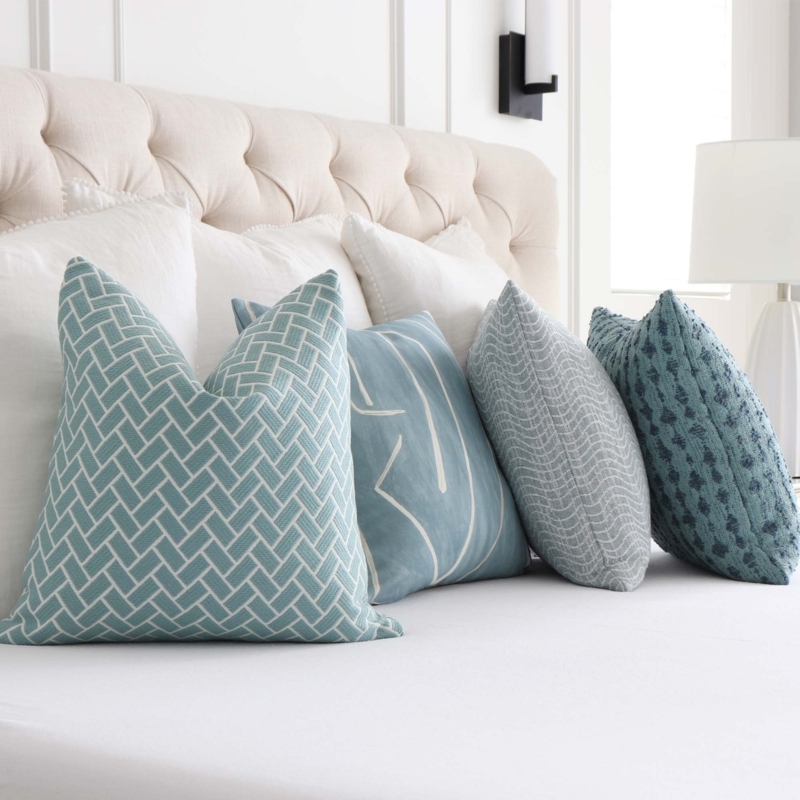 Throw Pillow Set: Seafoam Blue Chevron Weave & Ivory Solids