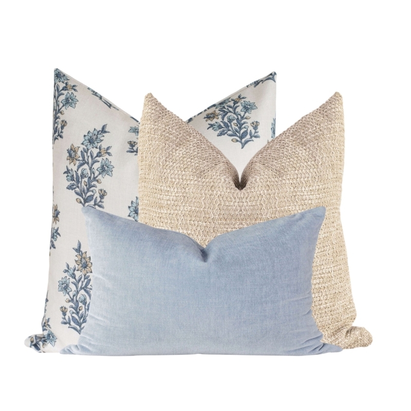 Throw Pillow Set: Tonal Blue Palette with Floral Lumbar Pillow Accent
