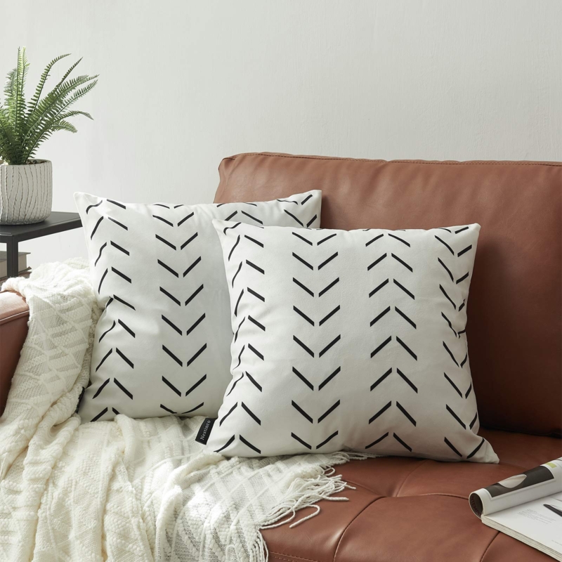 Throw Pillow Set: White Aztec Pattern with Fringe Trim, Boho Chic Decor.