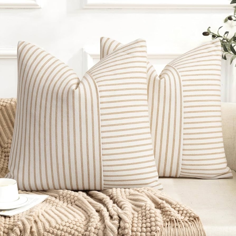 Throw Pillow Set with Khaki Striped Patchwork and Linen Texture