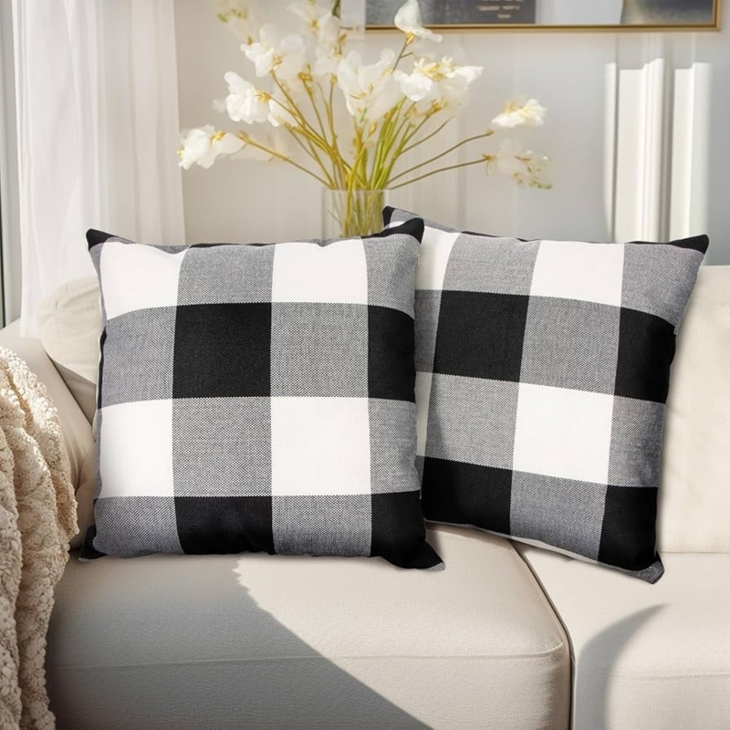 Throw Pillow Set with Mixed Neutral Buffalo Plaid, Woven Fabric
