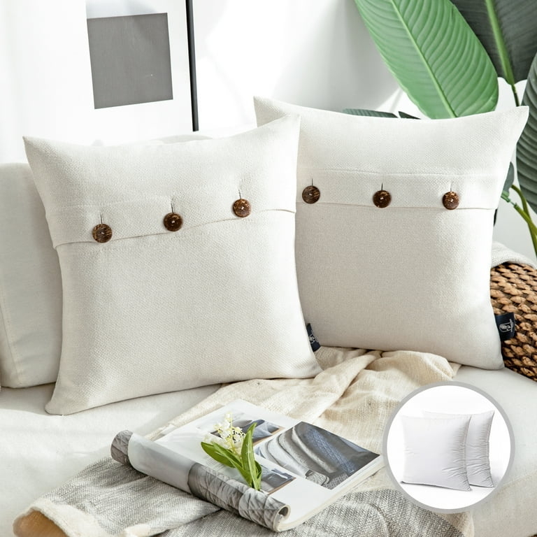 Throw Pillow Set with Triple Button Accent and Linen-Like Weave