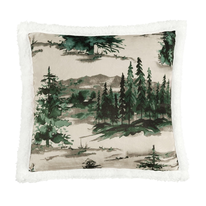 Throw Pillow, Sherpa Fleece Trim, Buck Silhouette Print, Rustic Cabin Decor