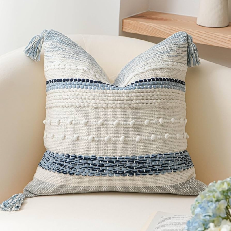 Throw Pillow Side Fringe Trim Geometric Woven Texture