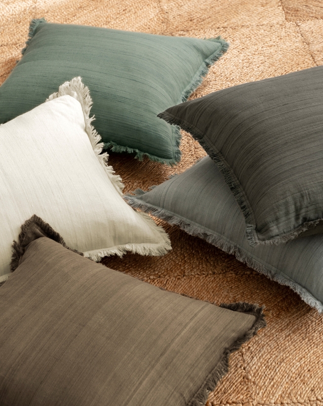 Throw Pillow Silk Like Fabric Frayed Fringe Sage Green Earth Tone