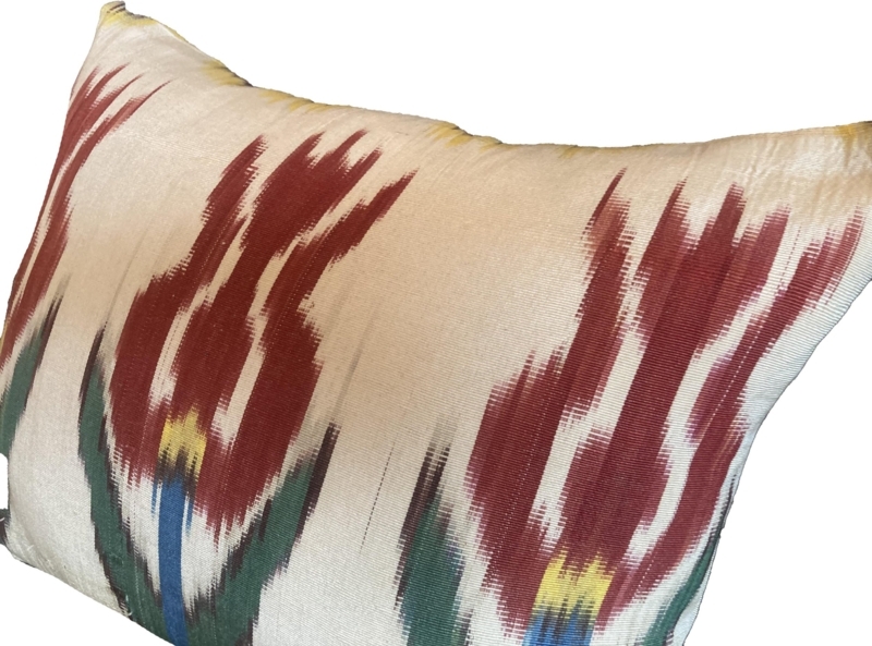 Throw Pillow Silk-Like Ikat Piped Edge Red Blue Pair
