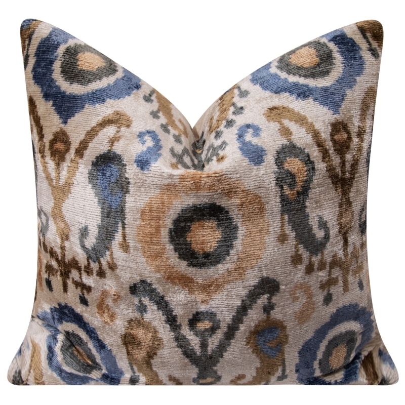 Throw Pillow Silk Velvet Ikat Lustrous Beige Brown Earthy