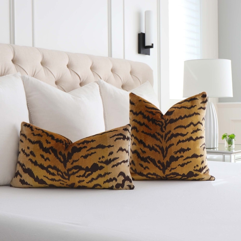 Throw Pillow Silk Velvet Tiger Print Piped Trim Luxury Bedroom