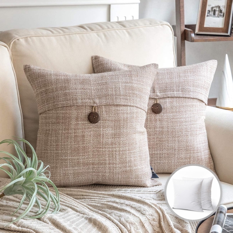 Throw Pillow Single Central Button Linen Like Beige Beige Button Throw Pillows