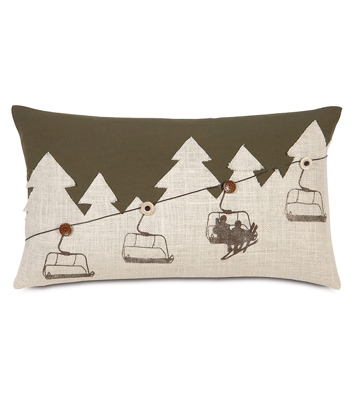 Throw Pillow, Ski Lift Motif, Contrast Blue Piping, Cream, Rustic Lodge Decor