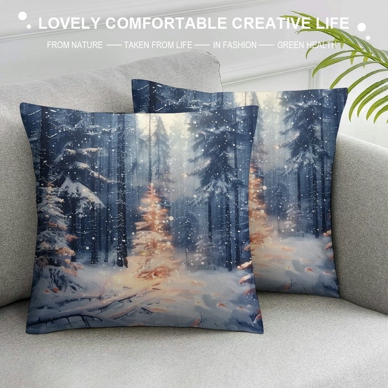 Throw Pillow: Snowy Forest Print & Plush Texture with Piped Edges