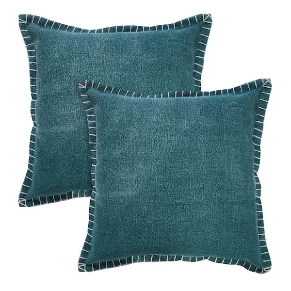 Throw Pillow Stitched Edge Hand Woven Teal Set Of Two Decorative