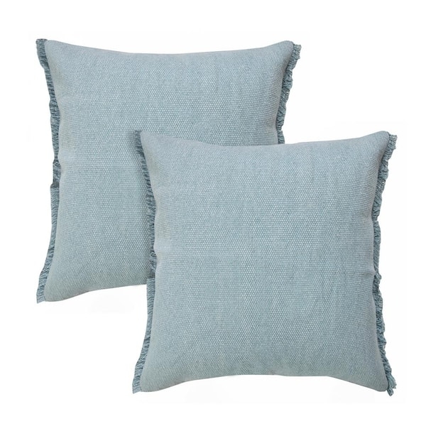 Throw Pillow Stonewashed Finish Fringed Edges Light Blue Decorative