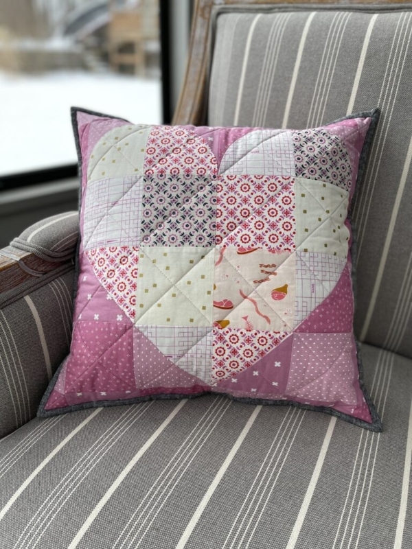 Throw Pillow Striped Heart Appliqué Geometric Quilted White Farmhouse