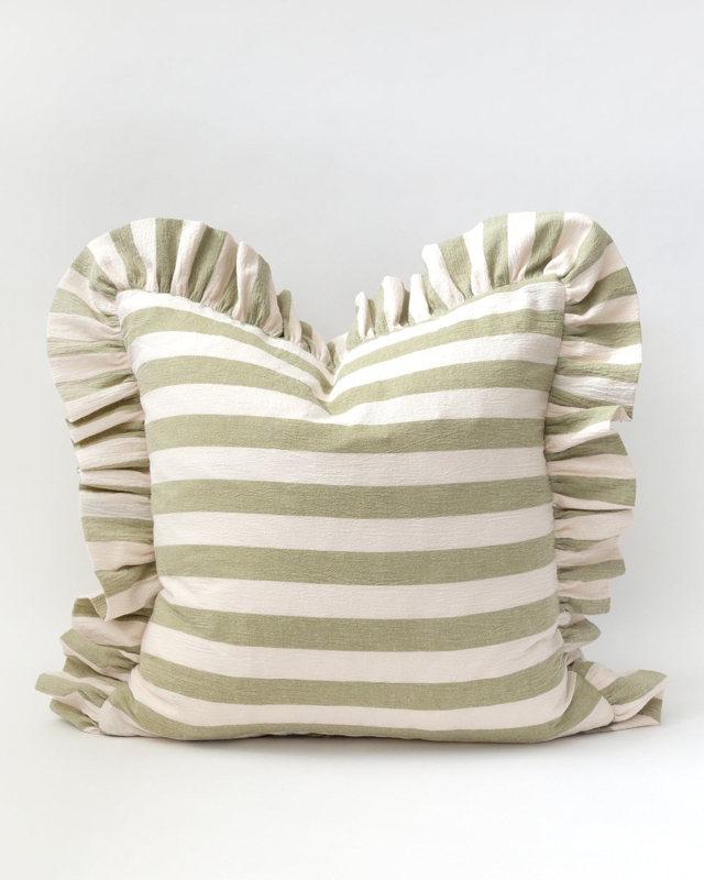 Throw Pillow Striped Pattern Green Gathered Trim Modern Farmhouse Decor