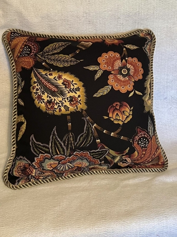 Throw Pillow Tan Brown Botanical Floral Print Contrasting Piped Edge