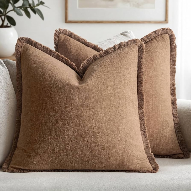 Throw Pillow Tassel Corners Fringe Edges Brown Earthy Decorative Pillows