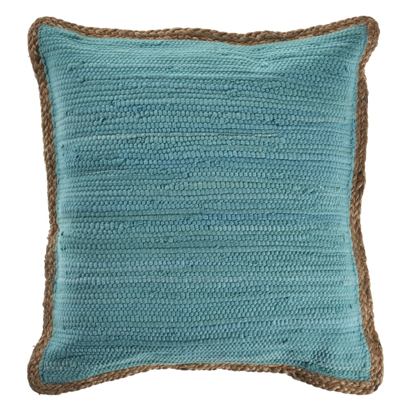 Throw Pillow Teal Blue Cotton with Natural Jute Flange Border
