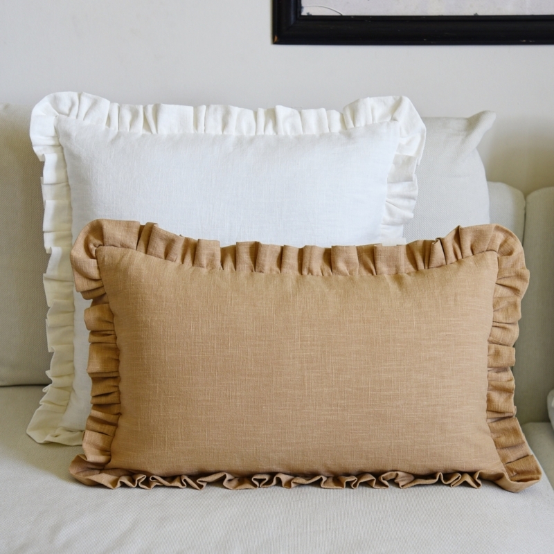Throw Pillow Teal Linen Ruffled Edge Flange Trim Shabby Chic Cushion