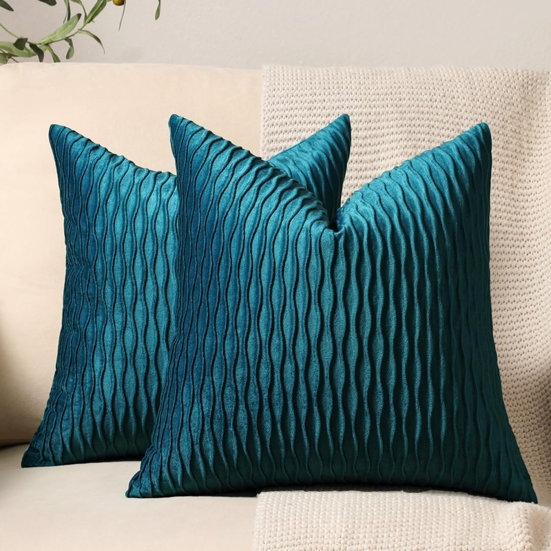 Throw Pillow Teal Ribbed Velvet Modern Farmhouse Sofa Styling