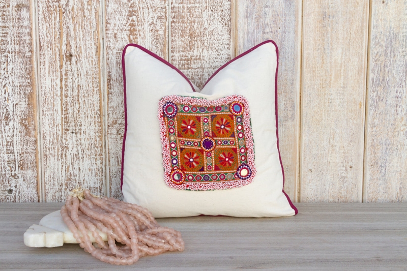 Throw Pillow: Terracotta & Navy Botanical Embroidery, Linen-Like