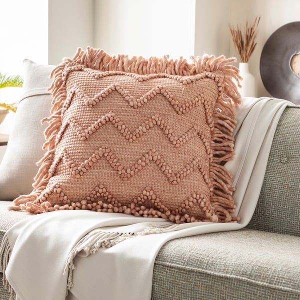 Throw Pillow Textured Chevron Fringe Trim Boho Cream