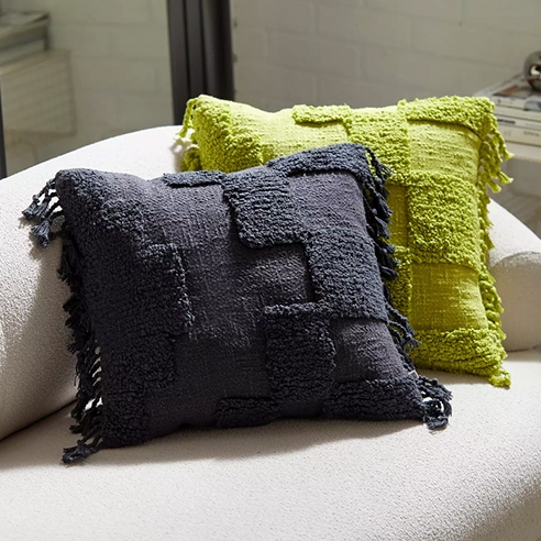 Throw Pillow Textured Cream Design with Boho Chunky Fringe Border