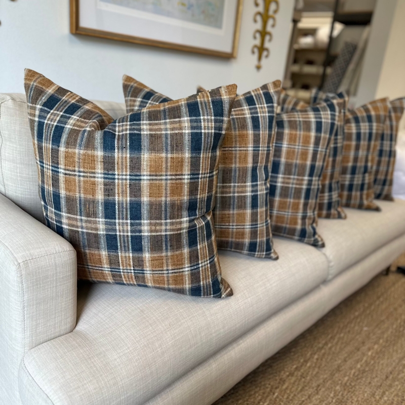 Throw Pillow Textured Linen Plaid Pillow Cover in Rust and Blue