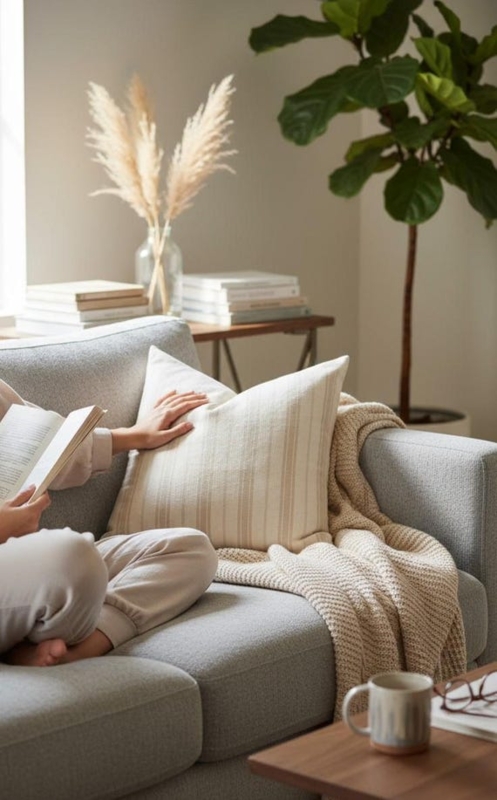 Throw Pillow: Thin Striped Pattern Linen-Like Texture, Neutral Farmhouse.
