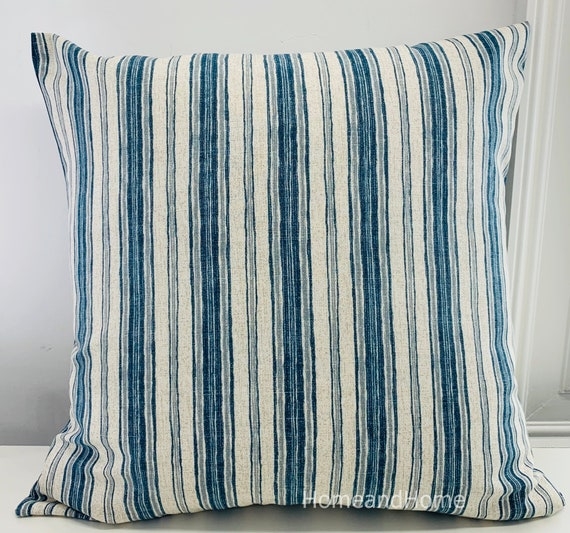 Throw Pillow: Ticking Stripe & Woven Fabric with Exposed Zipper Closure