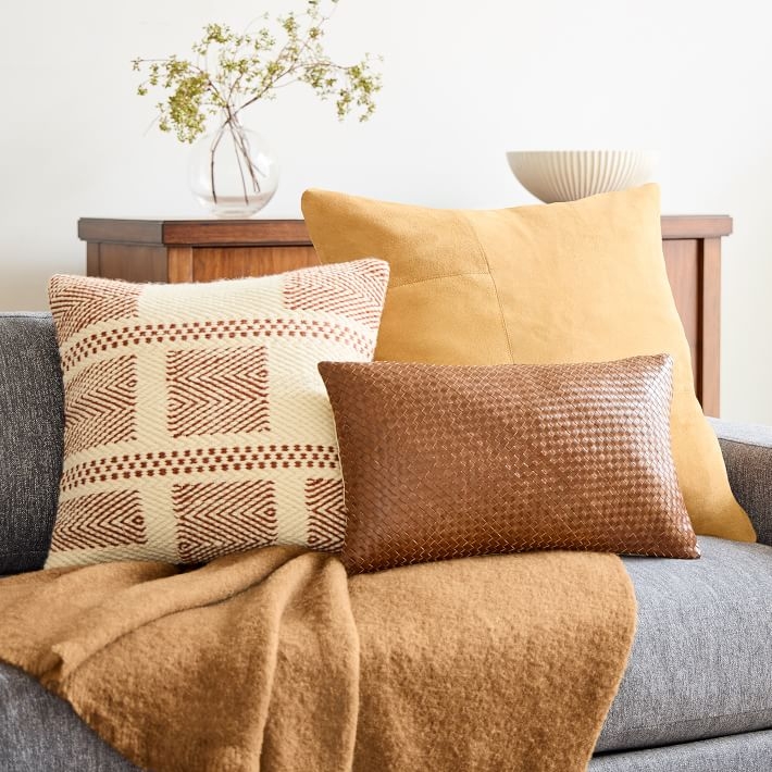 Throw Pillow: Tonal Color Blocking Suede. Gray Color Block Pillow.