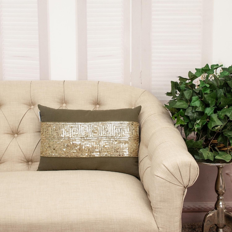 Throw Pillow Traditional Green Velvet Gold Floral Embroidery Tassels