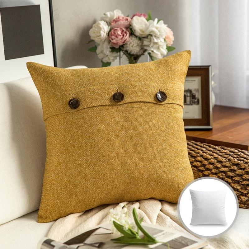 Throw Pillow Triple Buttons Mustard Yellow Fabric Rustic Accent Cushion