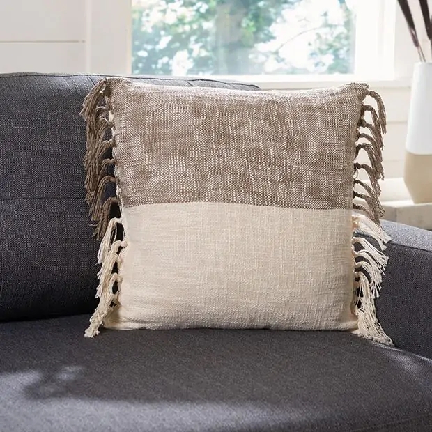 Throw Pillow Tufted Details Fringe Edges Boho Textured Cream