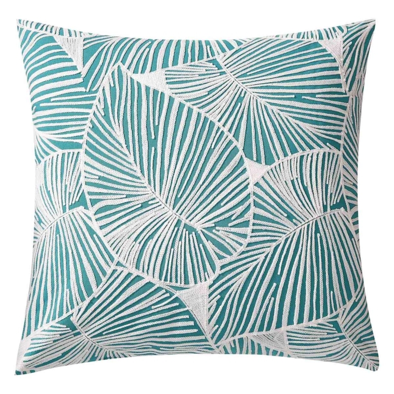 Throw Pillow Turquoise Palm Print Piped Border Coastal Patio Decor