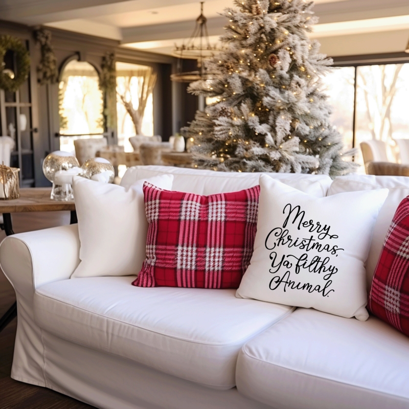 Throw Pillow Typographic Print Linen Like "Merry Christmas"