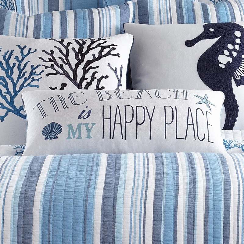 Throw Pillow Typographic Print White Cotton Coastal Happy Place