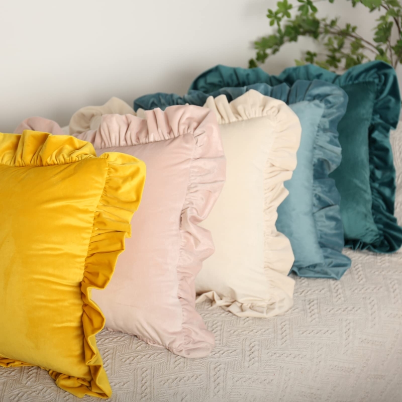 Throw Pillow Velvet Like Soft Pile Beige Ruffled Shabby Chic Cushion