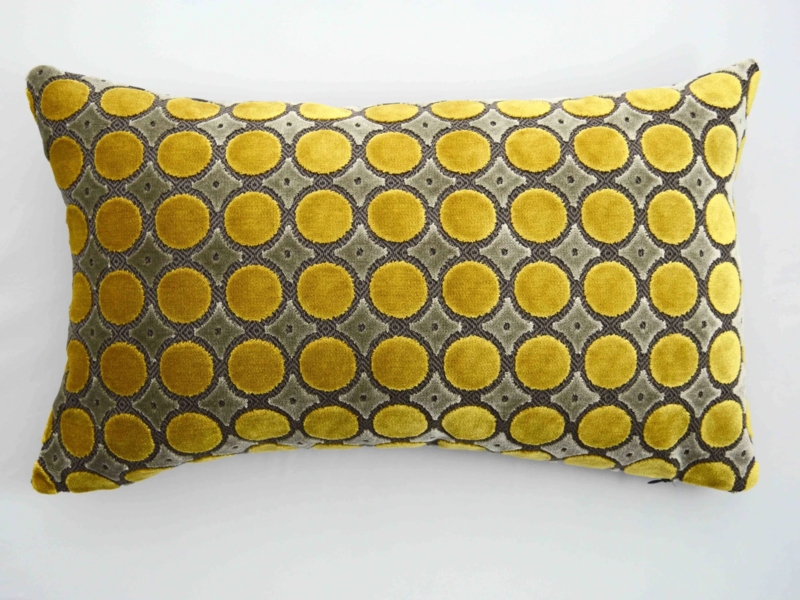 Throw Pillow Velvet Mustard Yellow Polka Dots Charcoal Piped