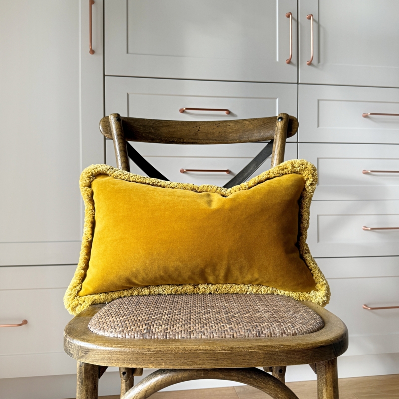 Throw Pillow, Velvet with Fringe Trim, Mustard Yellow, Bohemian Style